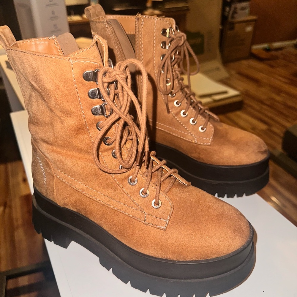 Tan Lace-Up Platform Combat Boots